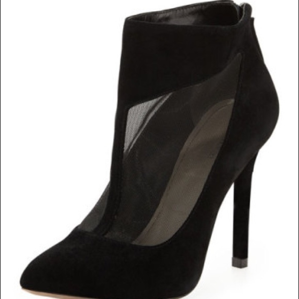 Pour La Victoire Black Suede & Mesh Panel Stiletto Ankle Bootie - Size 7.5